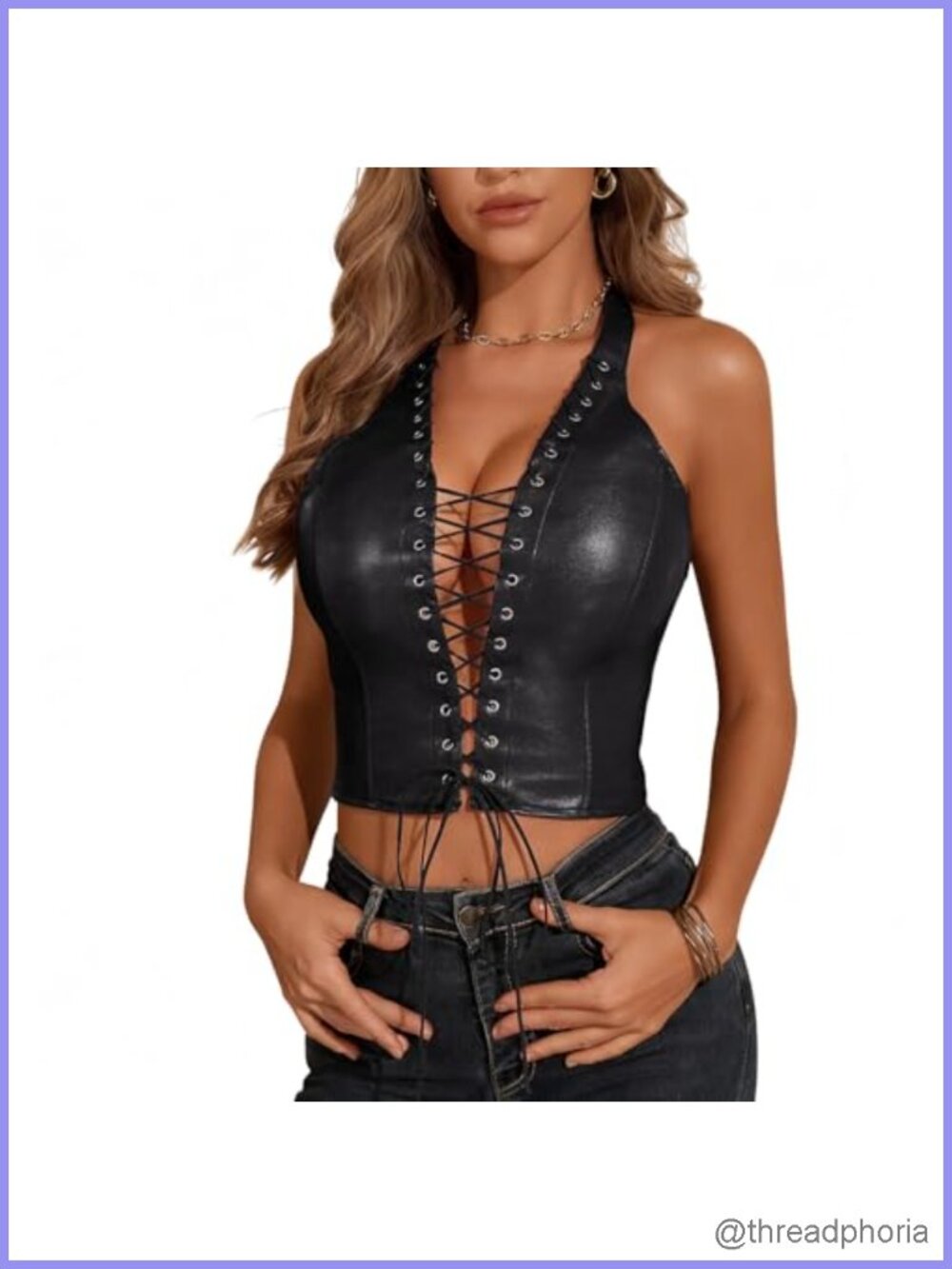 Women's Faux Leather Halter Top Lace Up Front Crop Tank Sleeveless Backless